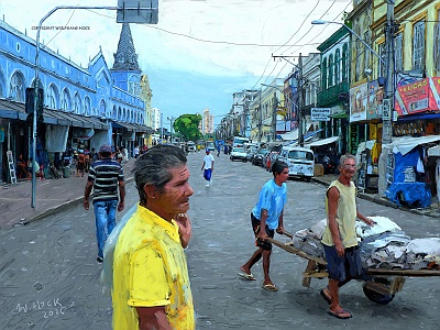 Belém Altstadt - Downtown Belém historic center - Ver-O-Peso 2026   Handmade digital painting on canvas 160 x 120 cm (201 megapixels)